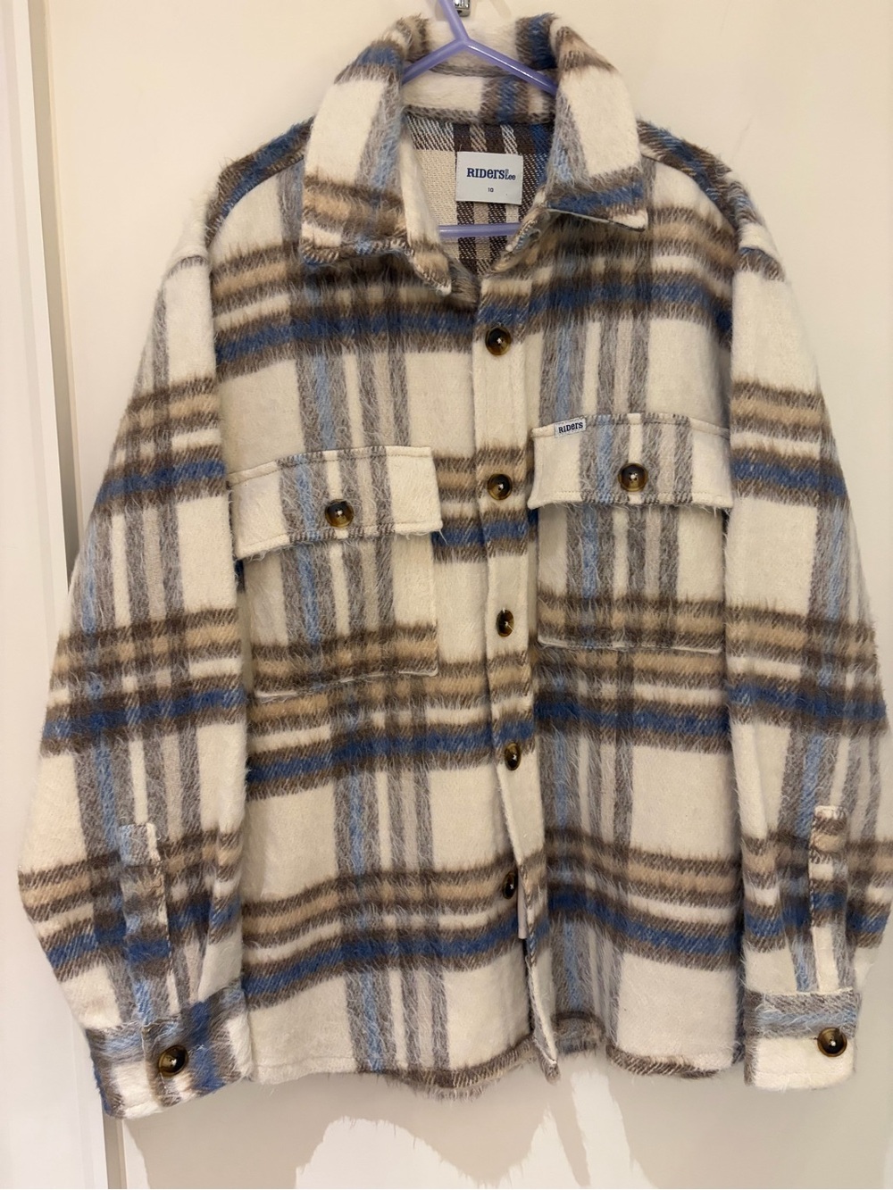 NEW Riders by Lee Cream Plaid Utility Shacket with Blue & Brown Stripes